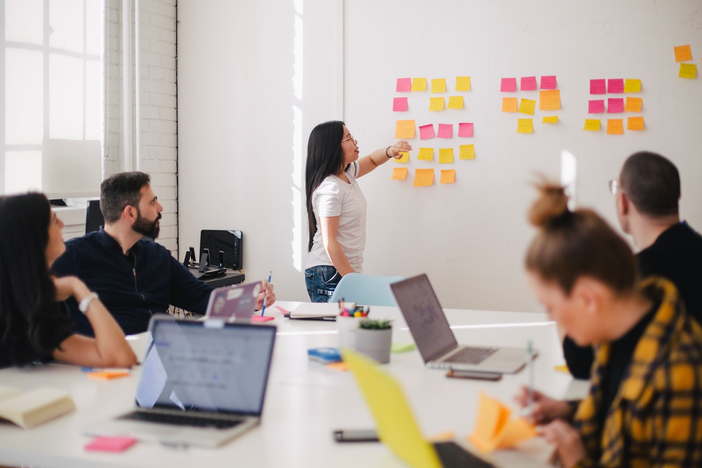 Corporate team mapping role-specific AI standards on a whiteboard